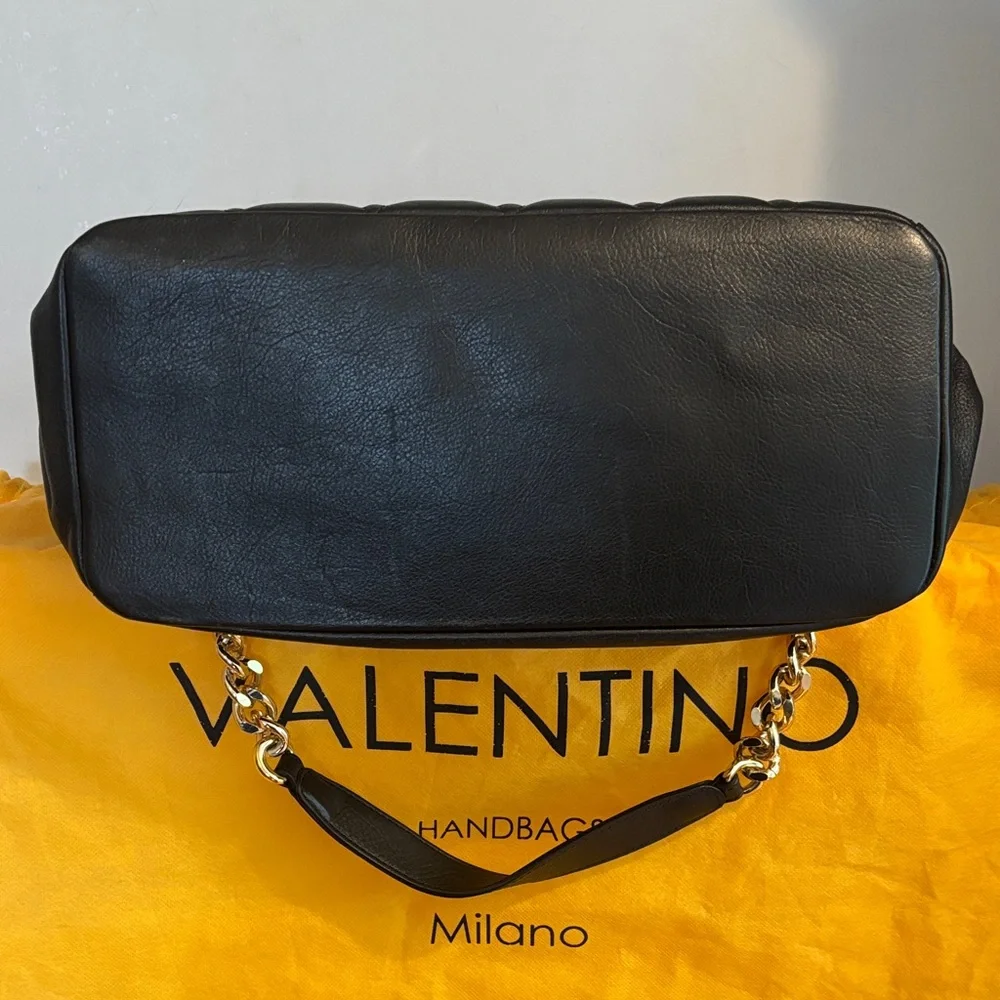 Valentino Luisa Studs Black Sauvage Leather Gold Chain Tote Shoulder Bag
